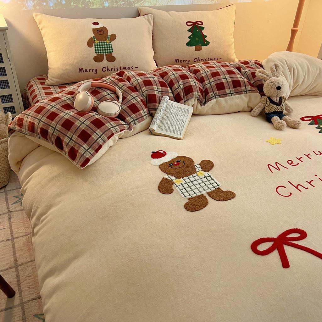 Thickened Milk Fleece Towel Embroidery Four-Piece Set 1.2M Bed Sheet Three-Piece Set, Gingerbread Small