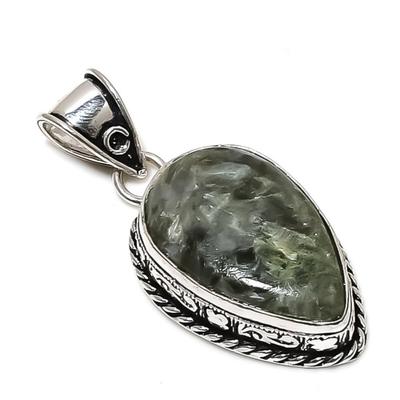 Natural Seraphinite Gemstone Handmade 925 Sterling Silver Pendant 1.89" h8Y44