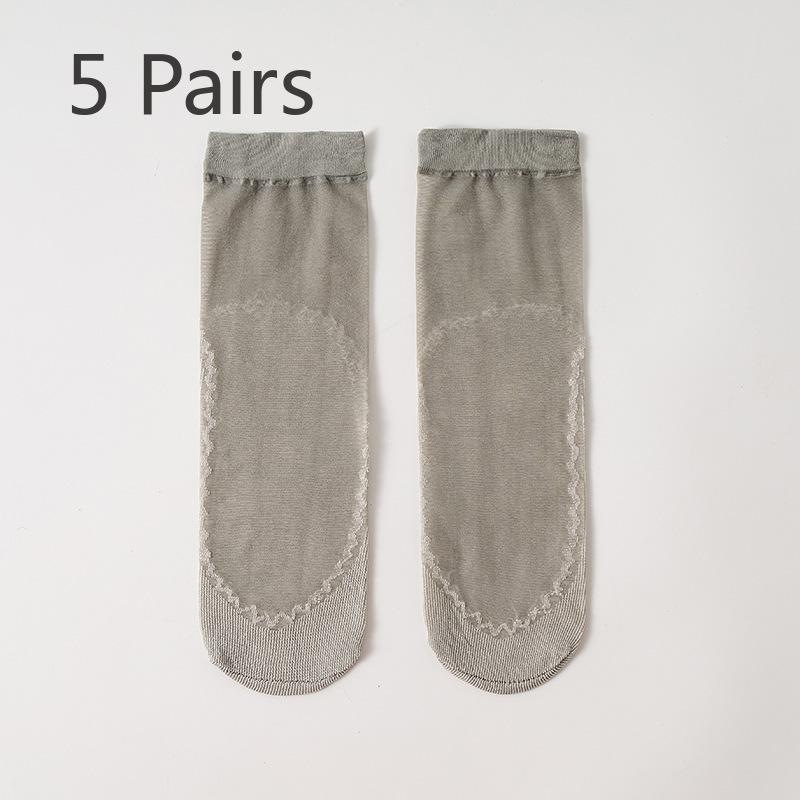 5 Pairs of Cotton-bottom Moisture-absorbing Silk Stockings - Summer Lightweight, Breathable Women's Solid-color Anti-slip Crystal Stockings