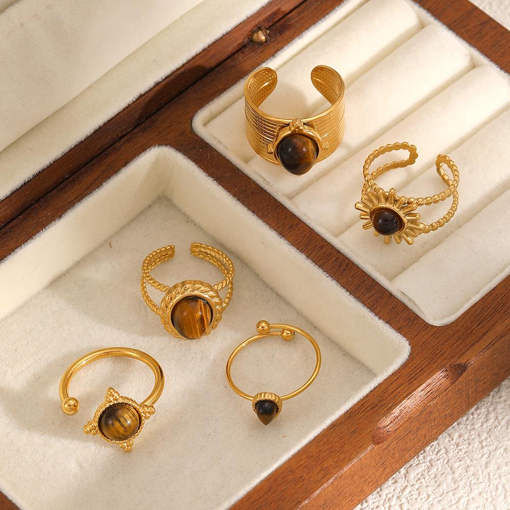Vintage Natural Tiger's-eye Stone Geometric Gold Plated Stainless Steel Ring Trendy Fashion Ring Jewelry