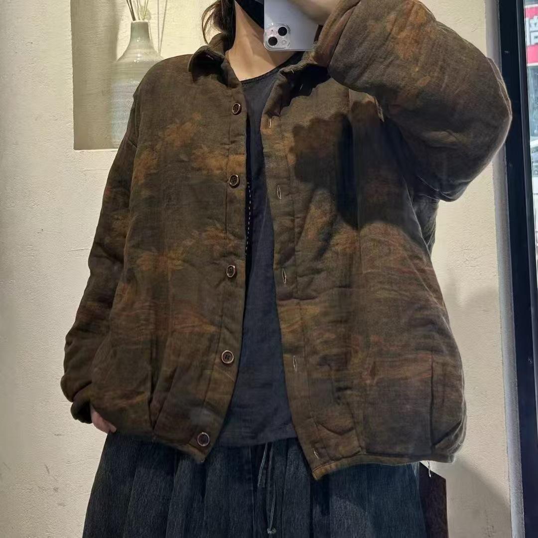 

2025 autumn and winter new lapel patch pocket loose and thin padded cotton single-breasted top retro printed cotton-padded coat One Size бронзовий
