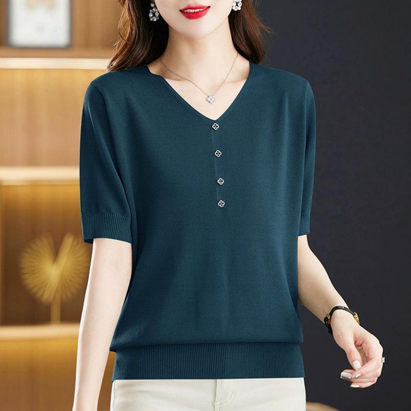 

Летняя женская трикотажная футболка Ice Silk с короткими рукавами, летний новый свободный и стильный тонкий трикотажный топ с V-образным вырезом 3XL