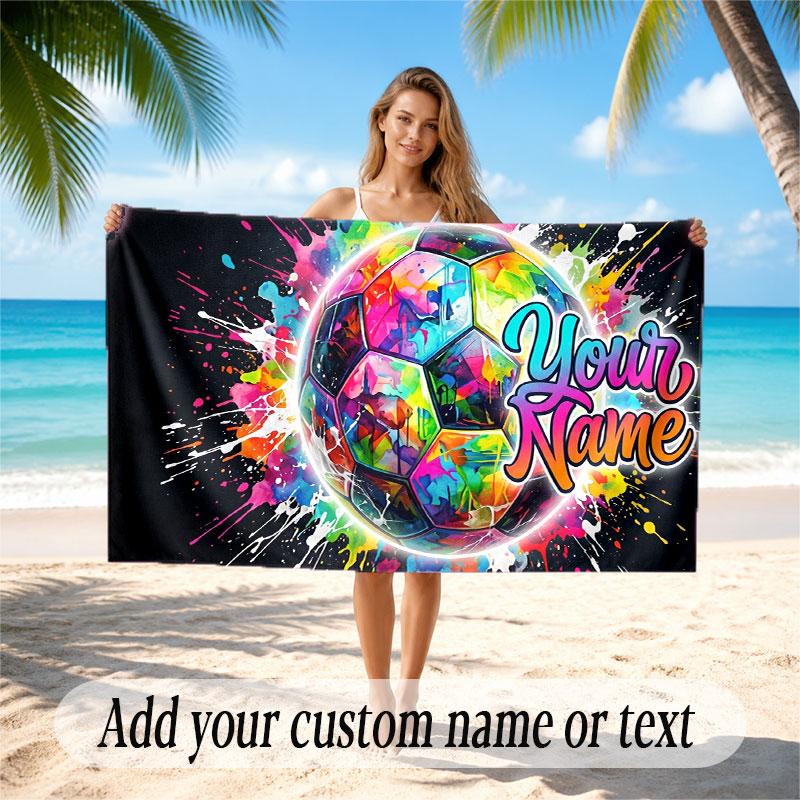 Soccer Theme Beach Towel Personalized Custom Name & Text Soft Quick Dry Beach Towel for Swimming Travel