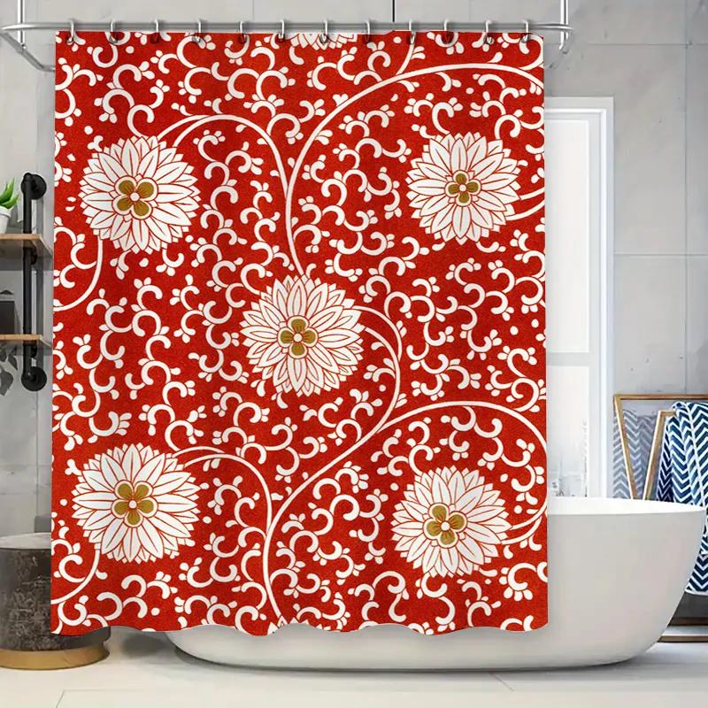 

Decorative Bath Curtains Floral Red White Print Shower Curtain For Bathroom Decorations Waterproof Fabric With Hook Ring W60H190(CM)-1 Pcs