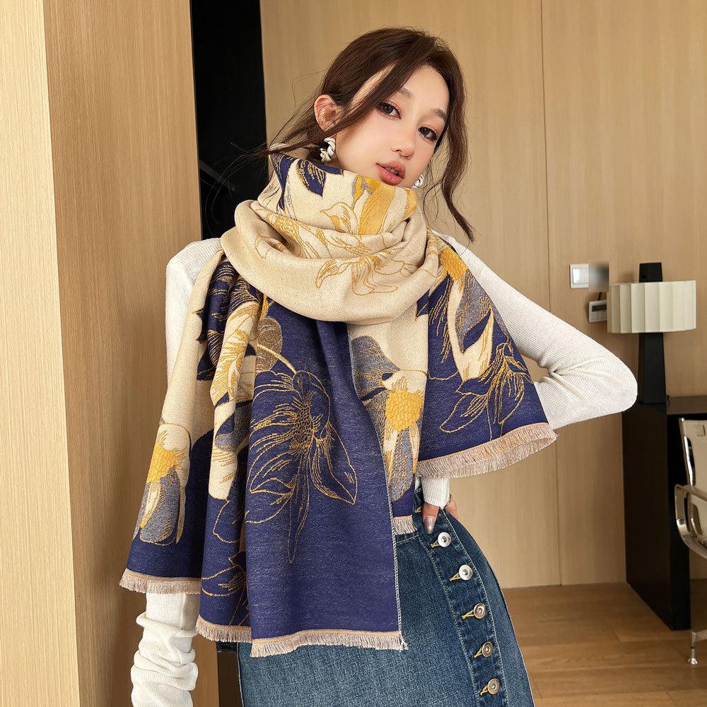 Autumn and winter scarf women's magnolia floral imitation cashmere jacquard shawl high-end scarf thickened warm scarf