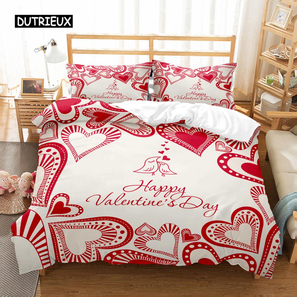 Love Heart Duvet Cover Set Single King Romantic Theme Bedding Set Rose Floral Comforter Cover For Valentine's Day Wedding Decor
