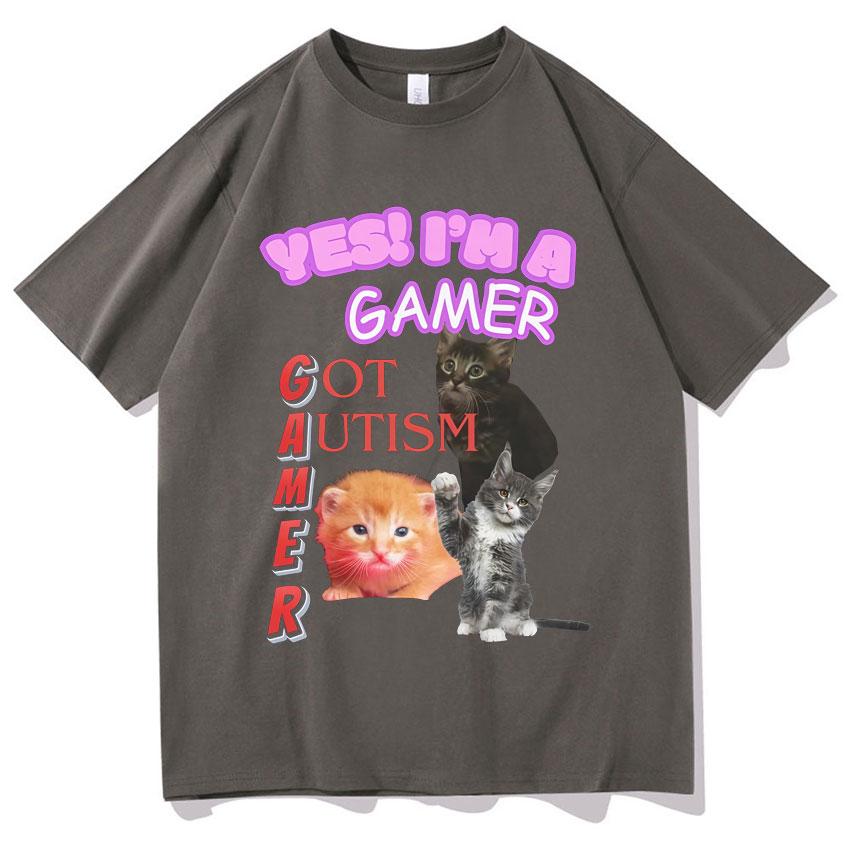 2025Summer Yes Funny Cat T-shirt I Am Autistic Gamer Women's Hip Hop Streetwear T-shirt Graphic 100% Pure Cotton Printed T-shirt