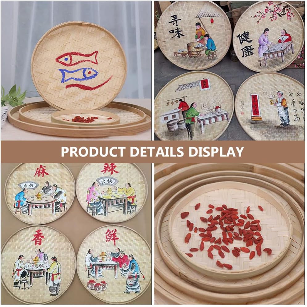 4 Pcs Handwoven Flat Wicker Round Fruit Basket Woven Food Storage Weaved Shallow Tray Organiser Vegetable Fruit Bowl DIY Drawing Board Wall Basket