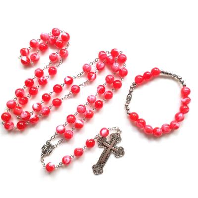 Rosary Red Beads Catholic Cross Necklace Bracelet Religious Finger Chain for Women Girls Jewelry Christian Baptism Gift