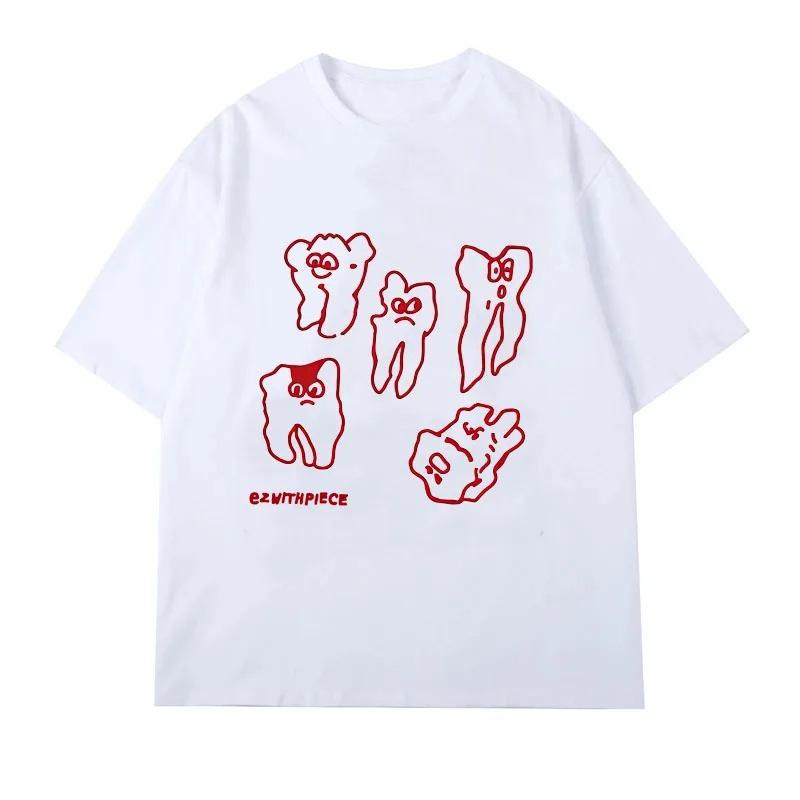 Funny Cartoon Tooth Graphic Print White Cotton T-shirt M