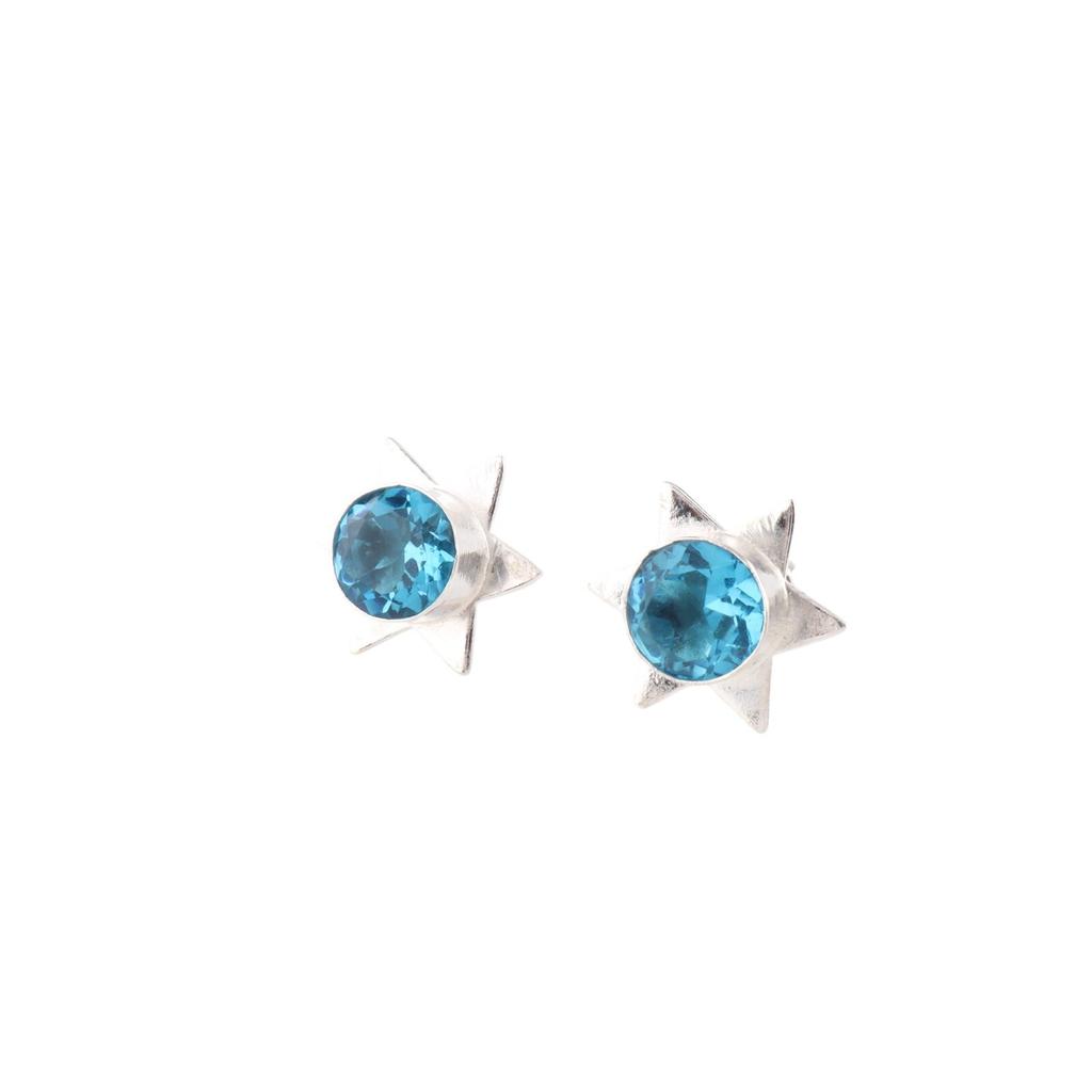 Swiss Blue Topaz Gemstone 925 Sterling Silver Jewelry Handmade Star Studs 0.44" EE-175-4