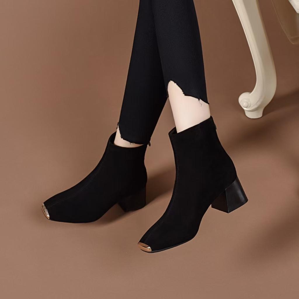Square head fashion boots women's autumn and winter niche personality iron bag tip elastic boots simple temperament small ankle boots
