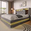 140 × 200 Cm Upholstered Bed with Storage, Velvet Bed with Multifunctional Headboard, LED Lighting, 2 USB & Type-C Port, Hydraulic, Dark Gray