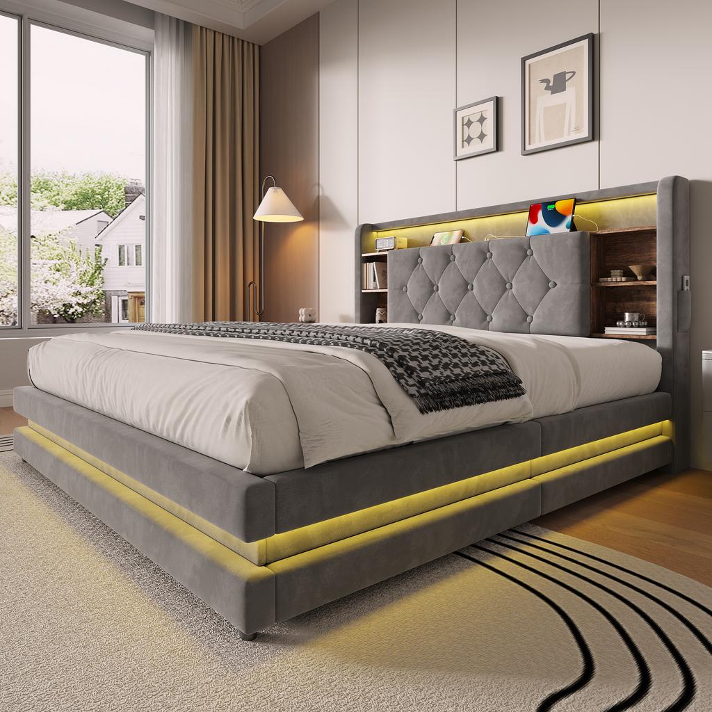 140 × 200 Cm Upholstered Bed with Storage, Velvet Bed with Multifunctional Headboard, LED Lighting, 2 USB & Type-C Port, Hydraulic, Dark Gray