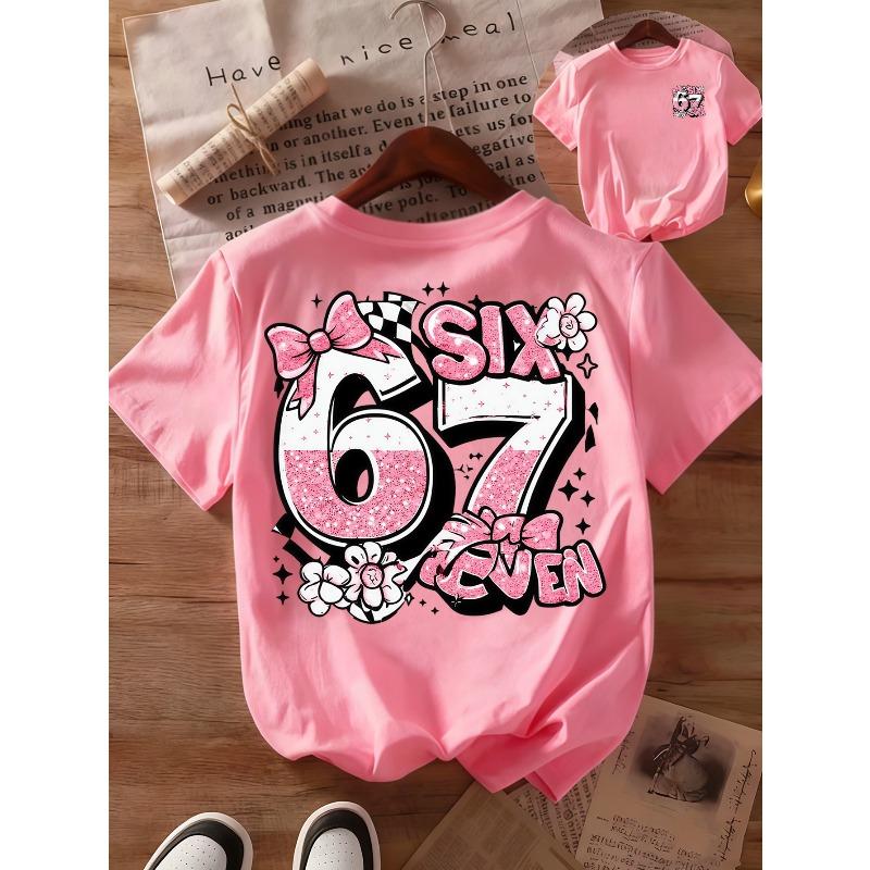 Girls Crewneck Summer Tee, Angel Lucky Number 67 All Year Lucky Double Side Print
