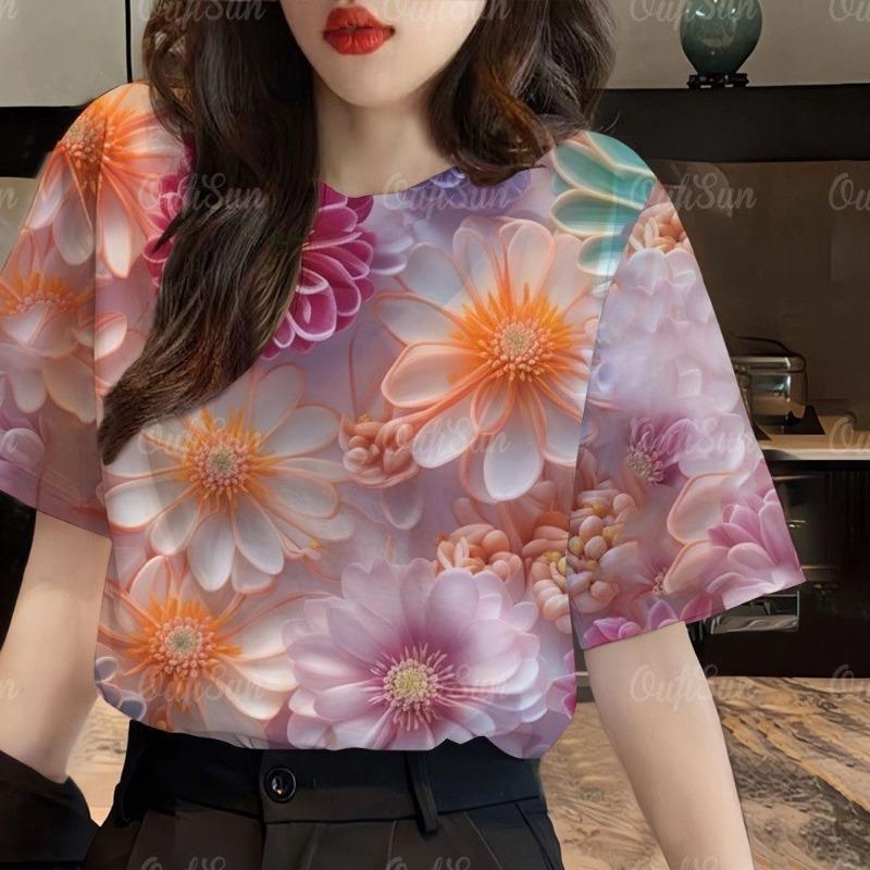 Summer Trendy Colorful Flower Pattern 3D Digital Print T-Shirt round Neck Short Sleeve Casual Women's Fashion Polyester Fiber Breathable