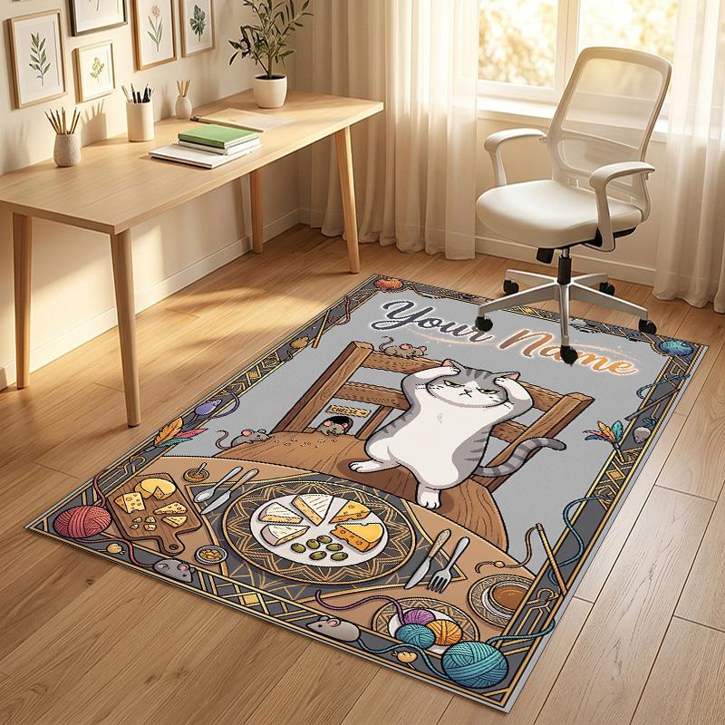 Cat Art Theme Soft Crystal Velvet Rug Custom Name & Text Print Non Slip Floor Rug for Bedroom Living Room