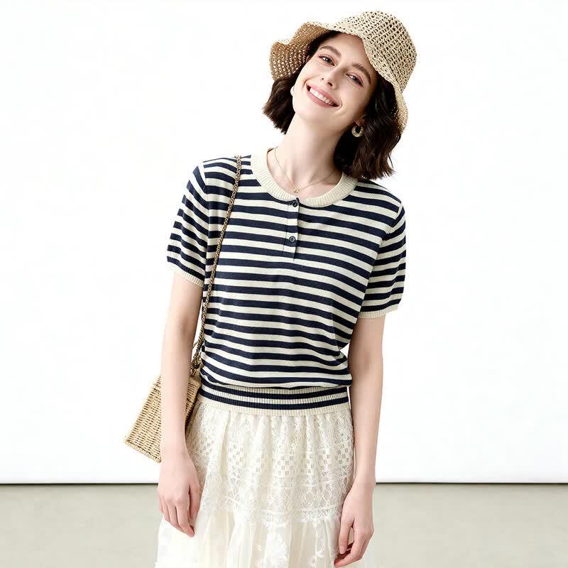ENC Striped Knit Three-Quarter Sleeve T-Shirt M