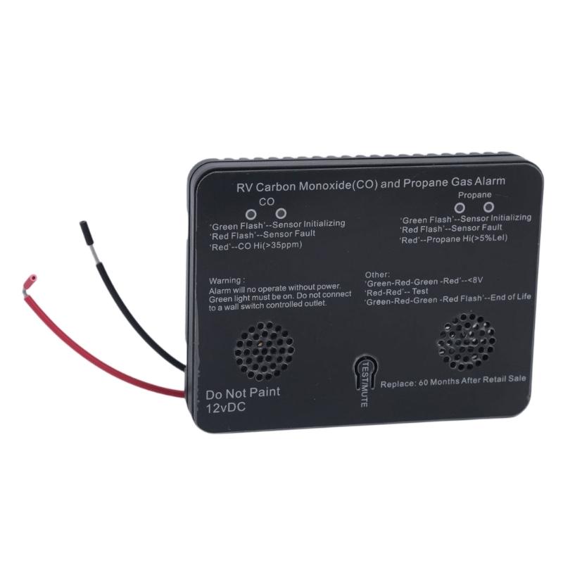 Metal Housing Gas Monitor for Motorhomes with Face-Mounted Test/Silence Control, 2 Side Openings, Red and Black Cables, and Installation Tool