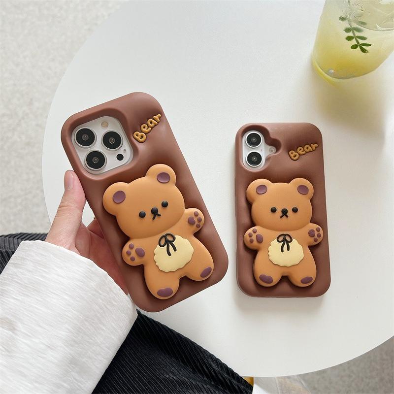3D Cute Cartoon Bear Telescopic Bracket Silicone Phone Case For iPhone 17 16 15 14 13 12 11 Pro Max Shockproof Protective Cover