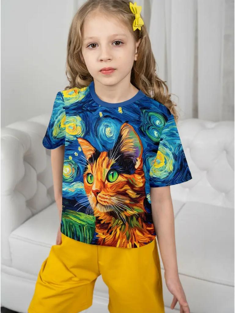 Summer T-shirt for Girls Cute Cat Print Tops Fashion Comfort Round Neck Short-sleeved Outdoors Quick-drying Children's Clothing
