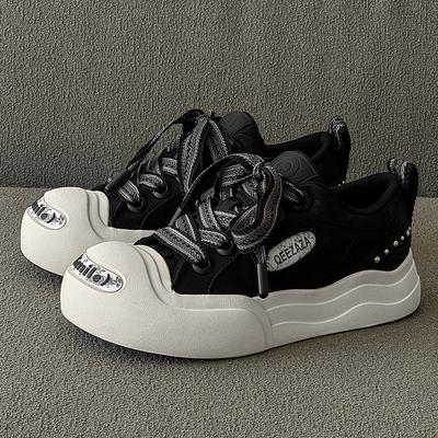 3858 Silk Pattern Open Smile Canvas Shoes New Women's Thick Sole Height Increase Ugly Cute Big Head Board Shoes Low Top Round Head Casual