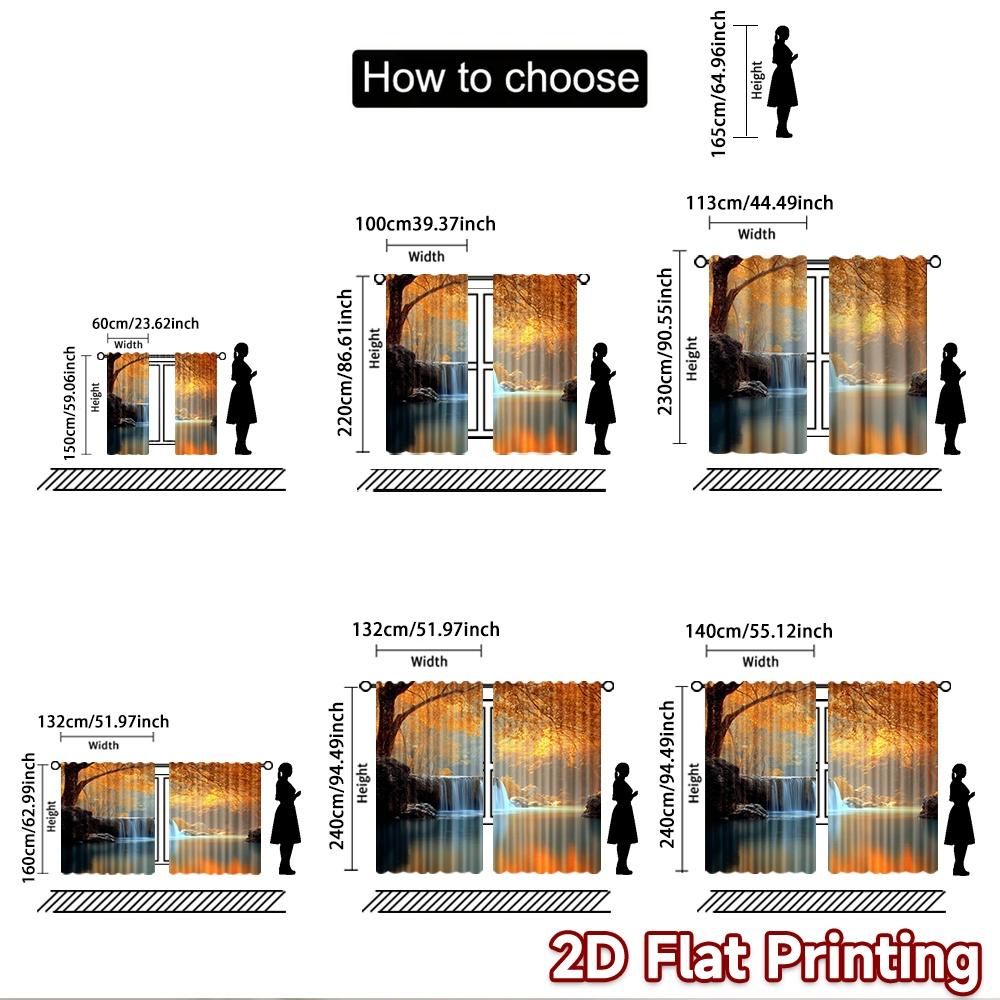 2D Flat Printing 2pcs Party Curtain Autumn Forest Waterfall Nature Digital Printed Polyester Drapes Family Party Decoration Use