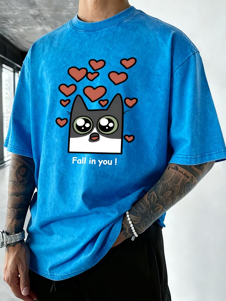 Fall In Love You Cat Pattern Washed TShirts Men Cotton Casual T Shirt Summer Gym Short Sleeve Crewneck Loose Man Clothing