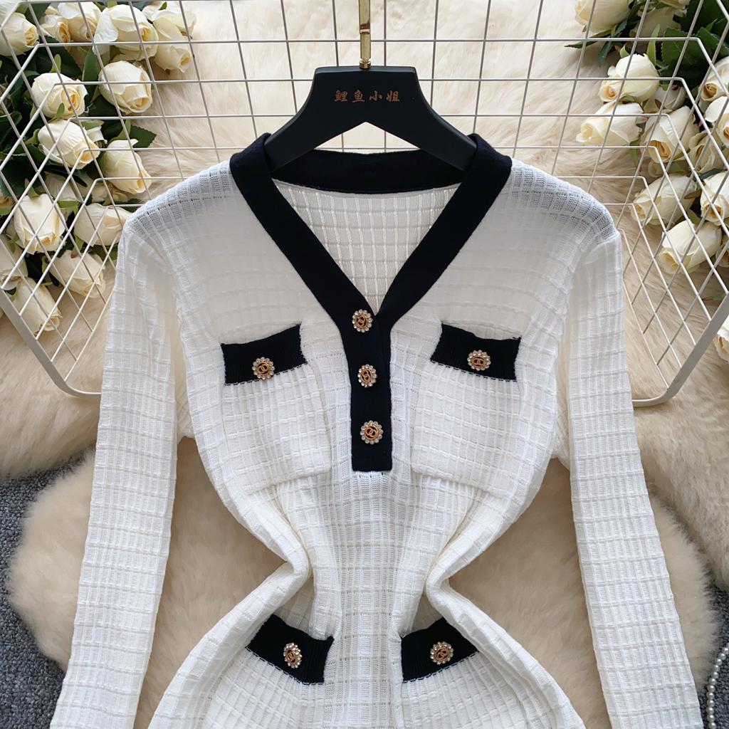 Spring Autumn Women Elegant V-neck Designer Knitted Sweater Mini Short Dresses