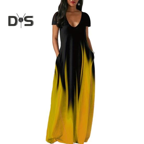 Women Maxi Dress with Pockets V Neck Short Sleeves Gradient Contrast Colors A-line Full Length Dress for Daily Party Dating