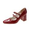 New high heels women's autumn and winter Mary Jane small square head nude retro thick heel  shoes French small leather shoes