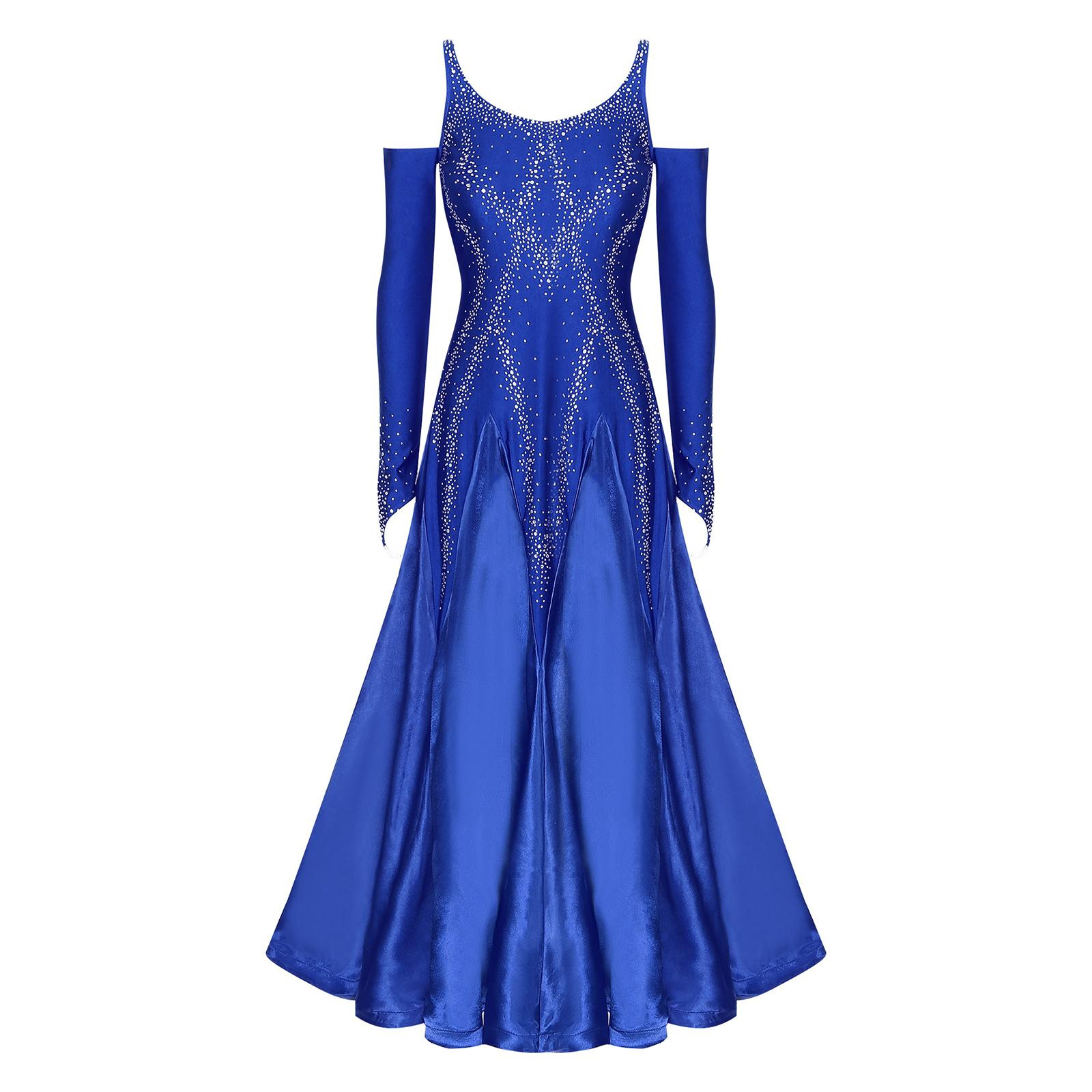 

Женское бальное платье для танцев с V-образным вырезом, открытой спиной, открытыми плечами, блестящими стразами, расклешенным подолом, сценическое платье для выступлений XS синий