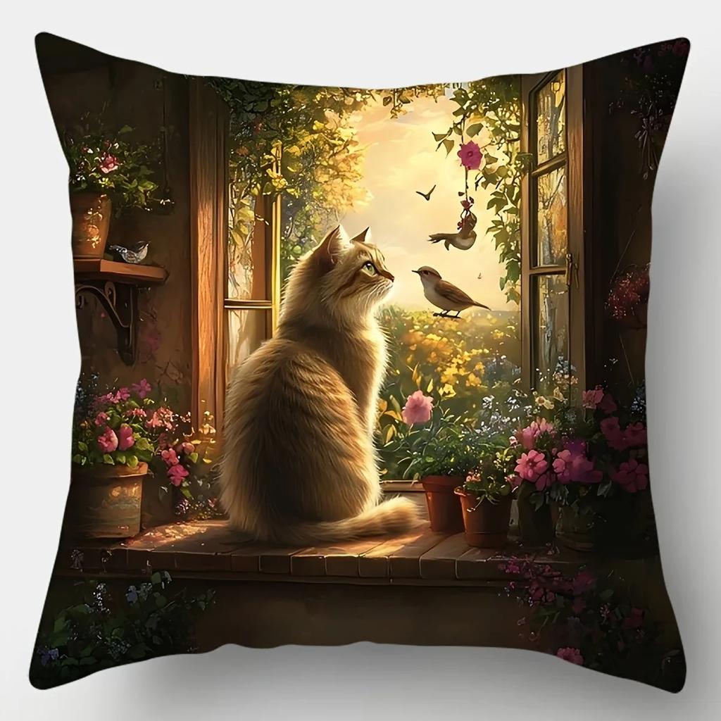 Home Decor Cute Cats And Flowers Pillow Covers Pattern Cushion Cover Suitable For Sofa Bedroom Car Pillow Cover