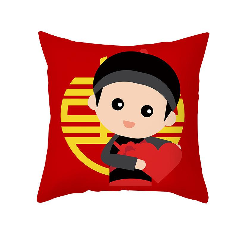 Red Double Happiness Character Pattern Throw Pillow Cover With Short Plush Print For Living Room Sofa Decoration Cushion Cover
