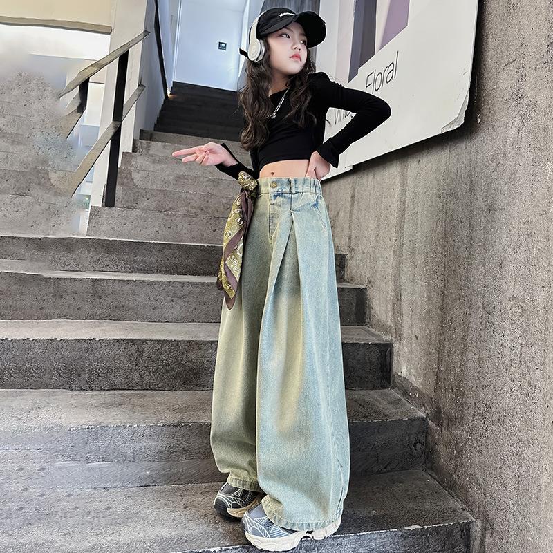 Kids Girls Jeans Spring Autumn Junior Children Westernized Street Wide Leg Pants Korean Versatile Long Trousers Clothes