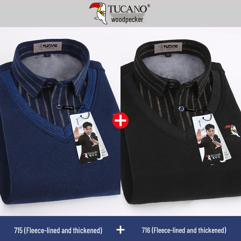 Woodpecker Men's Fleece-Lined Long Sleeve Two-in-One Thick Shirt Sweater for Dad
