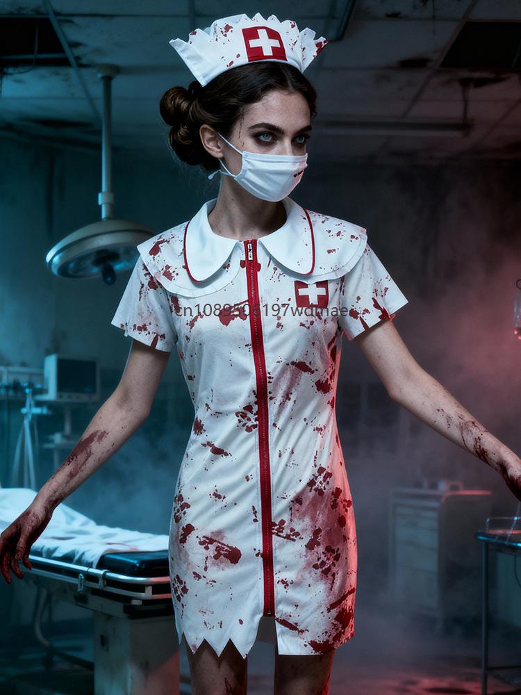 Zombie Doctor Nurse Couple Costume Bloody Scary Hospital Outfit Adult Horror Halloween Masquerade Cosplay Fancy Dress Set