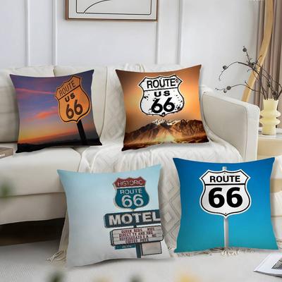 Route 66 Retro Kissenbezug Kurzplüsch Druck Kissenbezug Quadratische Dekokissenbezüge Sofa Heimdeko