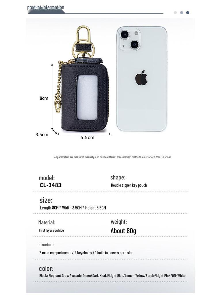 Unisex Genuine Leather Double Zipper Key Holder Waist Bag