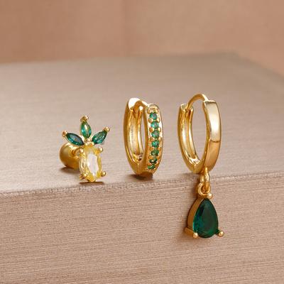 3 STUKS Prachtig Groen CZ Zircon Waterdruppel Goudkleurig Oorbellen Set voor Dames Delicaat Stapelbaar Piercing Oorbel Luxe Sieraden