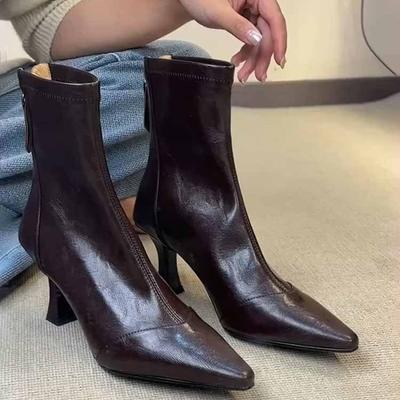 Cowhide Version~ High Heel Pointed Short Boots French Thin Heel Elastic Boots Women's Versatile Soft Leather Zipper Leather Thin Boots
