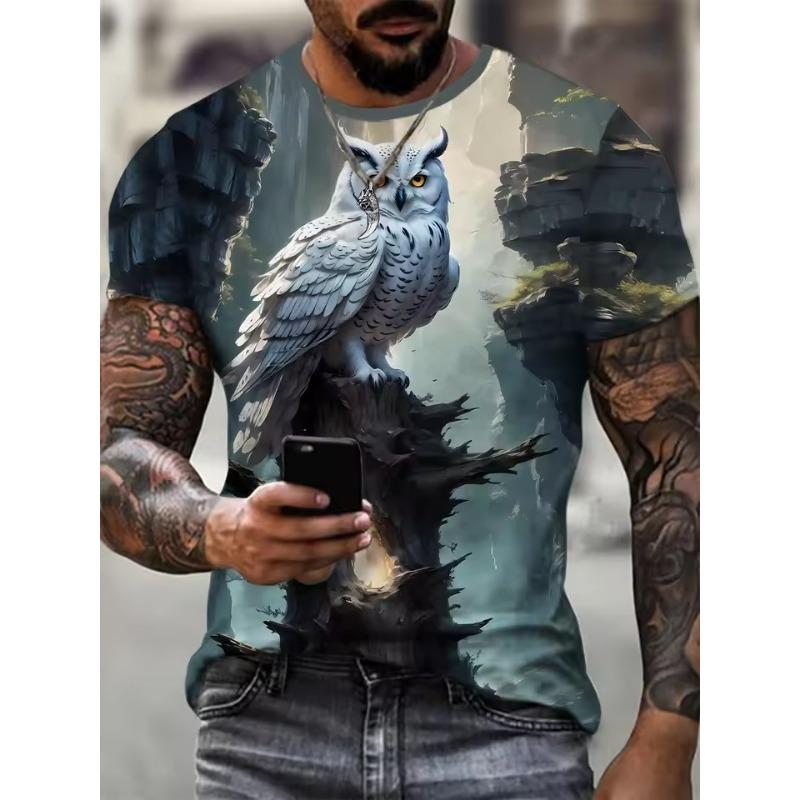 Men's Owl Graphic Print T Shirt Fashion Short Sleeve Crew Neck 3D Digital Printed T-Shirt Novelty Oversized T Shirts Men Tops