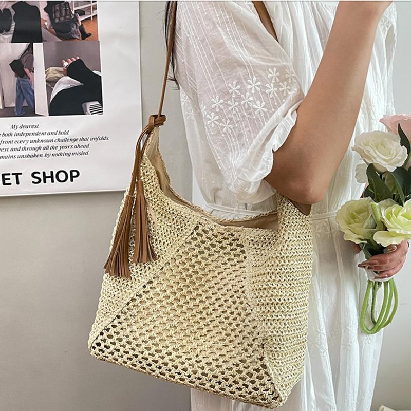 Yogodlns Borsa in Paglia Intrecciata Versatile da Appendere Estiva alla Moda con Lavorazione a Intreccio Vuota Borsa da Spiaggia in Erba Intrecciata a Mano Borsa a Spalla Singola da Donna