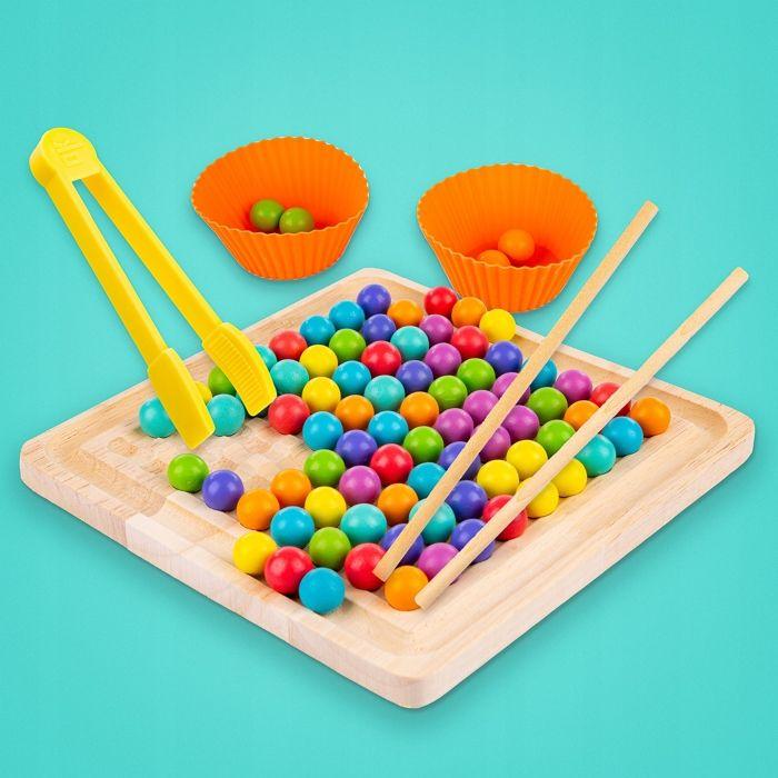Puzzle Montessori En Bois À Billes Colorées - Apprendre Les Couleurs Et Compter, Avec Pinces Et Baguettes (KP9852)