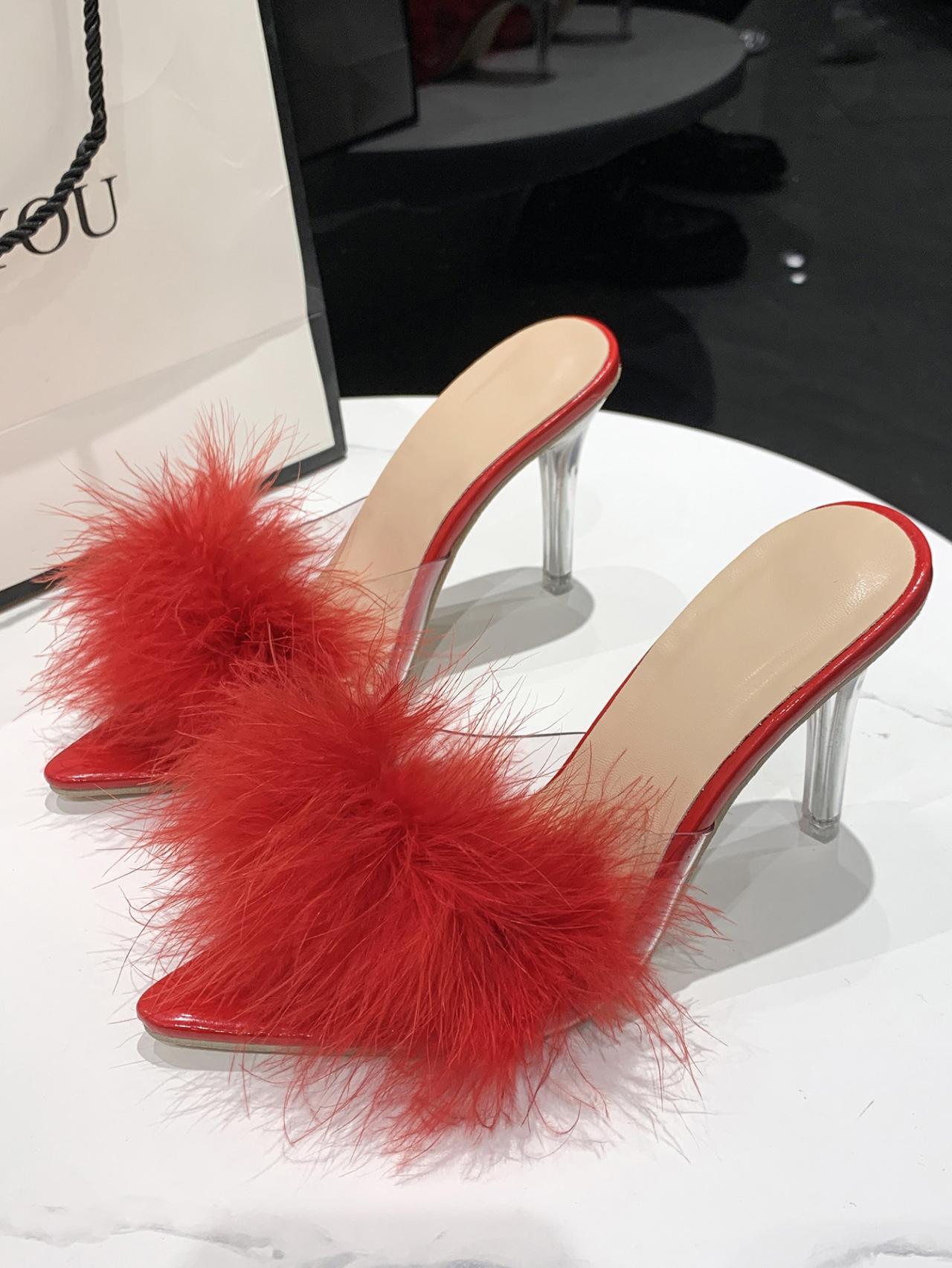 

Летние новые большие размеры пушистые модные босоножки с рыбьим ртом сексуальные туфли на шпильках женские прозрачные односложные тапочки 42 красный