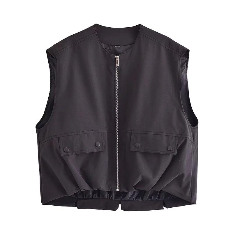 Early Autumn New Women's Clothing Waistcoat round Neck Sleeveless Commute Leisure Ruched Hem Cotton Vest 7864386