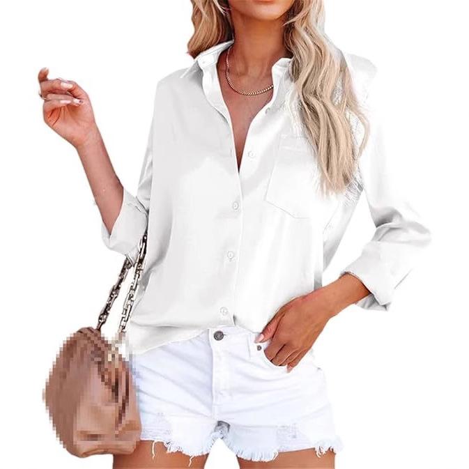 Ladies Spring Summer Long Sleeve Solid Color Soft Pocket All Match Blouse Shirt Top