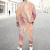 Men Plus Size Round Neck Long Sleeve Printed Blue Gold Two Piece Pants Set