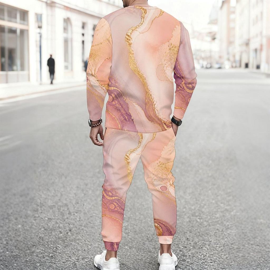 Men Plus Size Round Neck Long Sleeve Printed Blue Gold Two Piece Pants Set