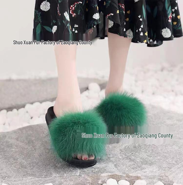 Women's Summer Fox Fur Slippers: Celebrity Trend, Flat Fur Sandals, Soft-Soled Flip Flops, Euro-American Style.